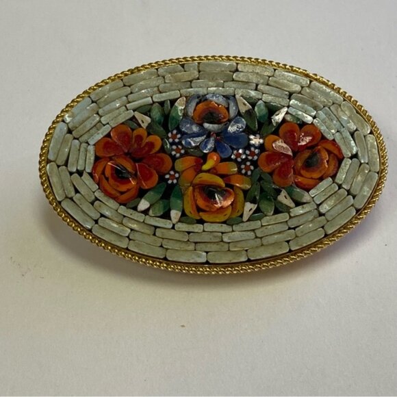 BROOCH PIN GOLD TONE VINTAGE OVAL VENETIAN MOSAIC FLORAL WHITE ORANGE RED GREEN - Picture 8 of 12